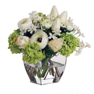 White and Chartreuse Bouquet in Square Glass Vase