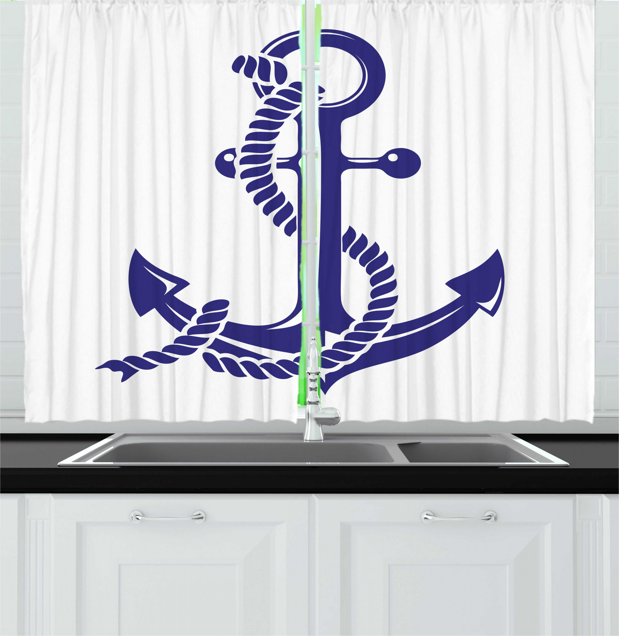 East Urban Home 2 Piece Maritime Nautical Symbol Monochrome Design Rope And Anchor Illustration Kitchen Curtain Set Wayfair