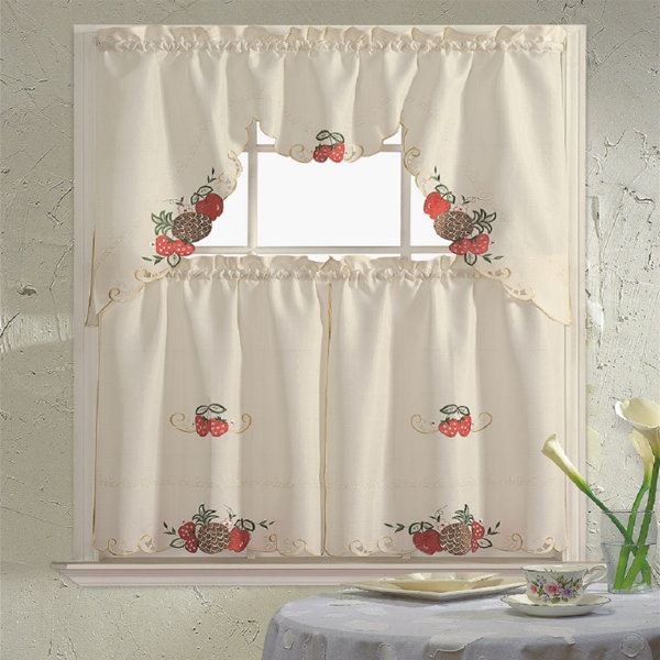 SPRING BLOSSOM 3pcs Cafe curtain set embroidery on voile 