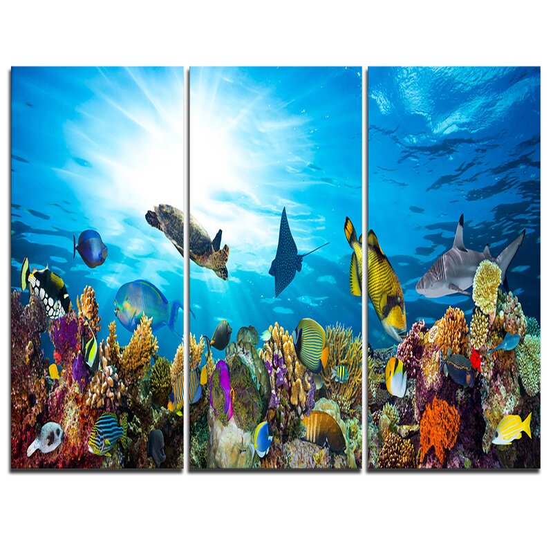 DesignArt Colorful Coral Reef with Fishes - 3 Piece Graphic Art on ...