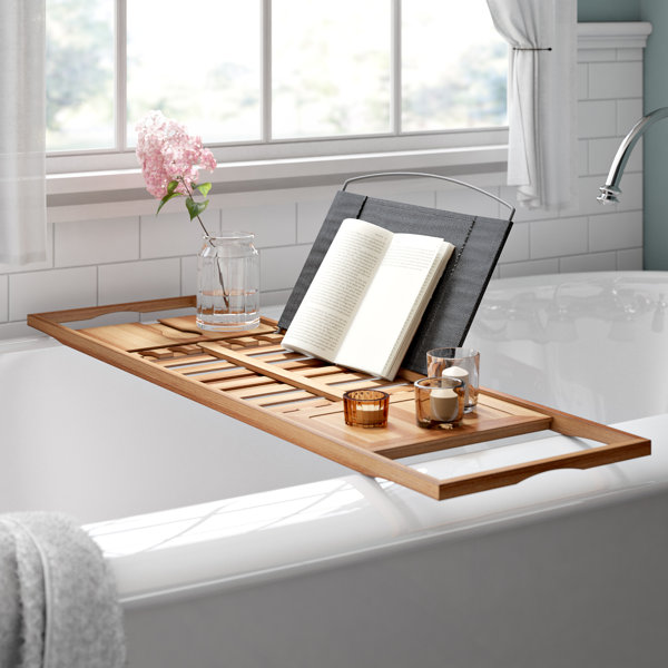 Phone Elegance Valley Bath Tray – Natural Bamboo Wood Bath Caddy with Soap Tray Adjustable Bath Trays for Wine Glass Water Resistant Anti Slip Book Candle 