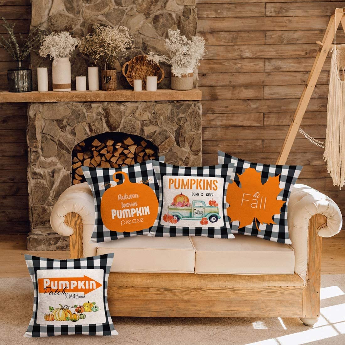 Fall Decor Throw Pillow Covers 18 X 18 Inch Set of 4 Thanksgiving Pumpkin Cushion Covers Linen Fabric Pillowcases Farmhouse Decorations for Home Sofa Bedroom Car