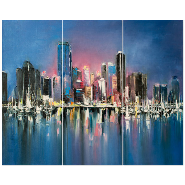 East Urban Home Coastal City Fantasy Night Scene In Oil Painting Oil Painting Print Multi Piece Image On Wrapped Canvas Wayfair