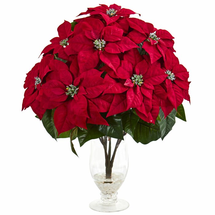 Artificial Poinsettia Floral Arrangement In Glass Vase - 