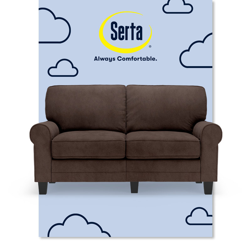 Serta Copenhagen 61" Rolled Arm Sofa, Easy Care Fabric, Soft Pillow Back, Pocket Coil Seat Cushions Fabric: Dark Brown Microsuede