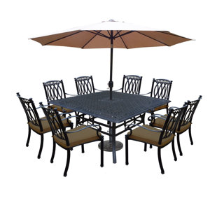 Go to store & view more images Morocco Aluminum 9 Piece Dining Set with Cushions and Umbrella by Oakland Living