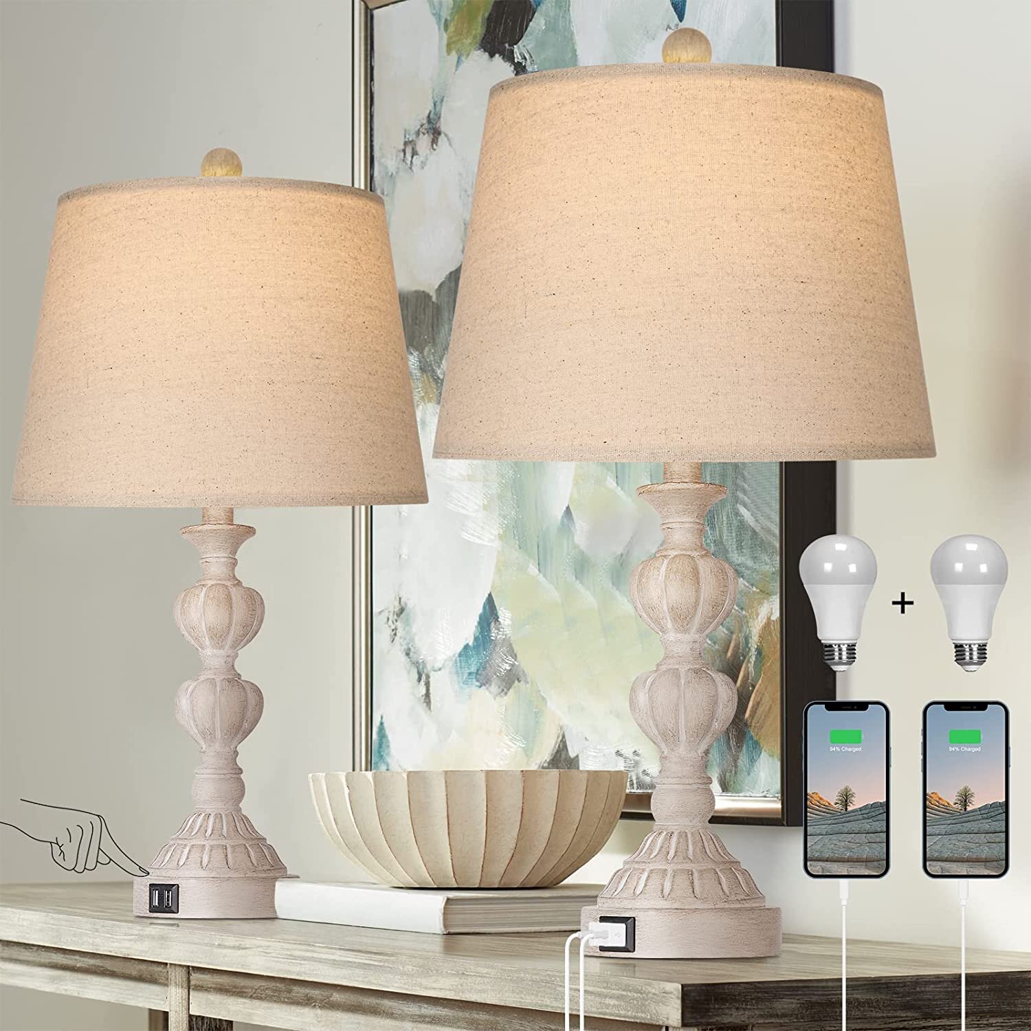 Bulb Not Included TWO NEW Touch Dimmable Table Lamps Base Made By Design White 