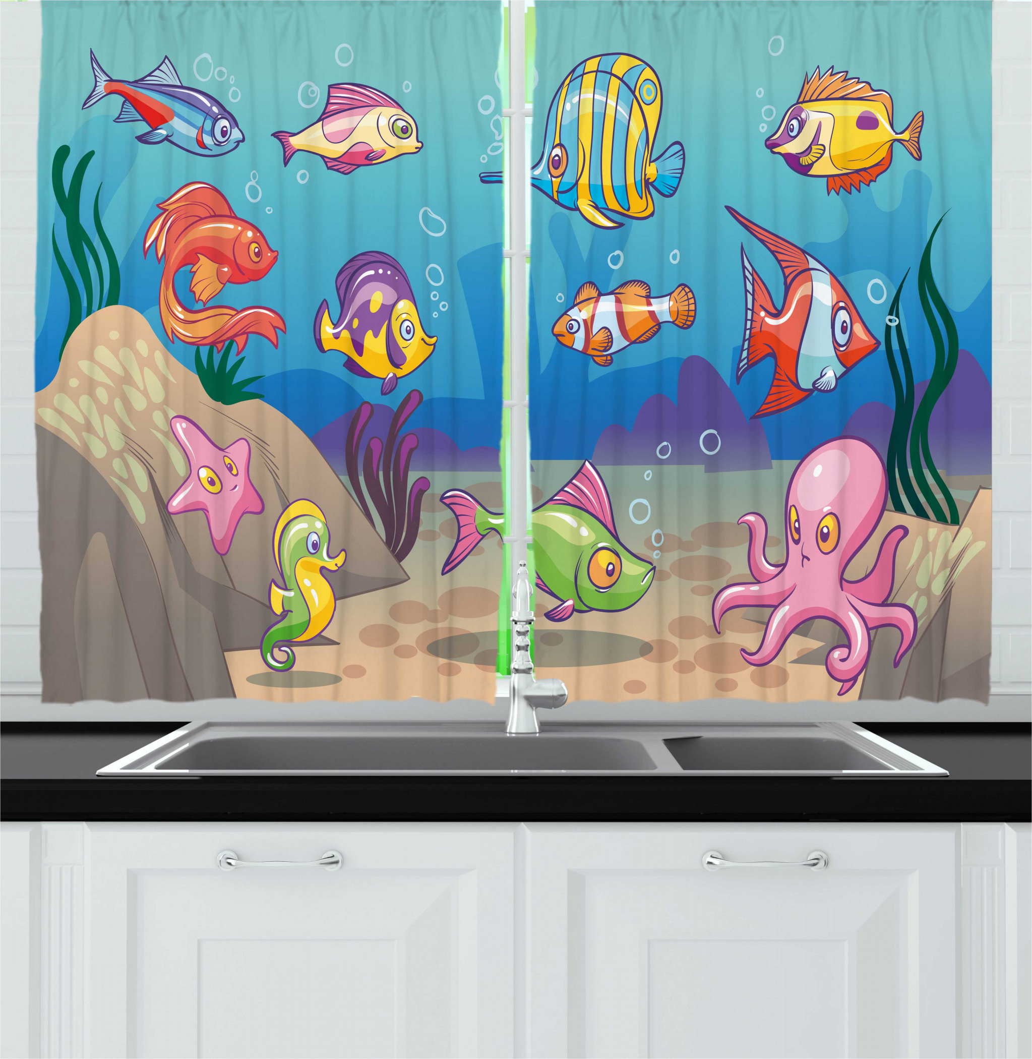 East Urban Home 2 Piece Under The Sea Colorful Cartoon Sea Animals Undersea Bottom With Seaweed And Fish Kitchen Curtain Set Wayfair