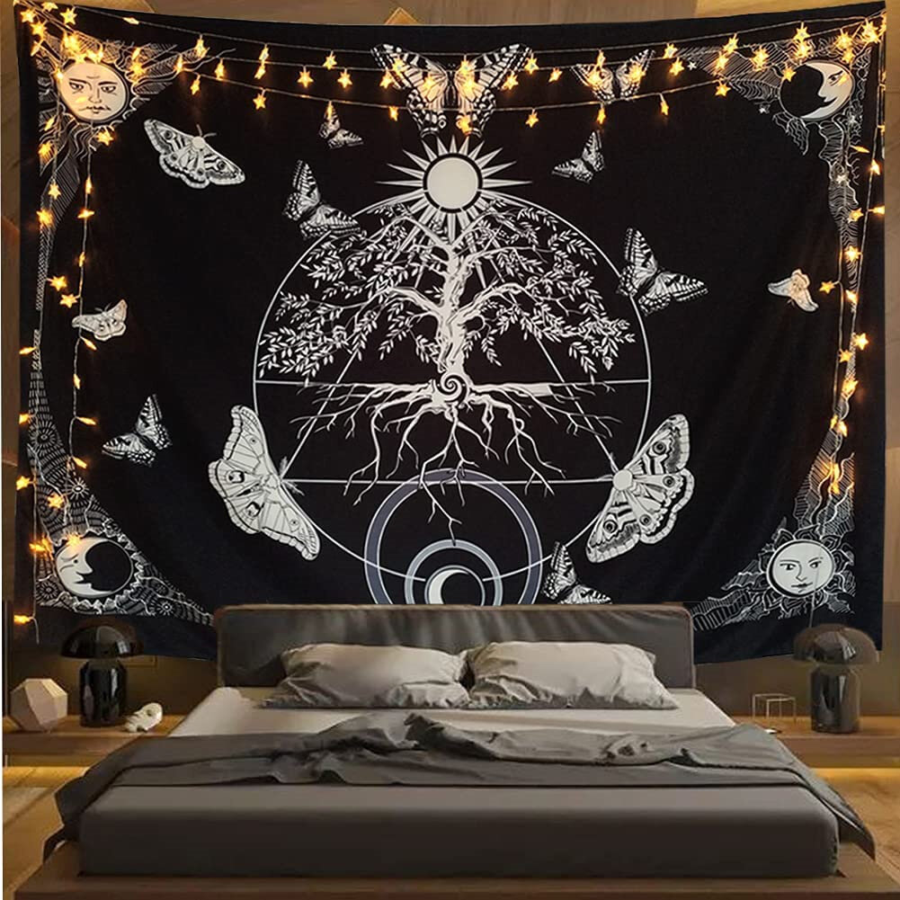 Butterfly Tapestry Tree of Life Tapestry Tapestry Sun and Moon Tapestry Celestial Star Tapestry Black and White Skeleton Tapestry for Room 51.2 x 59.1 inches 