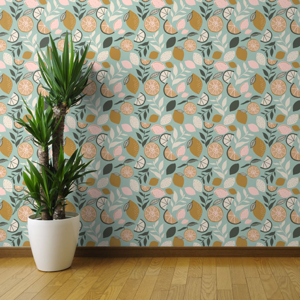 Removable Water-Activated Wallpaper Spring Lemons Oranges Flowers Floral Stripes