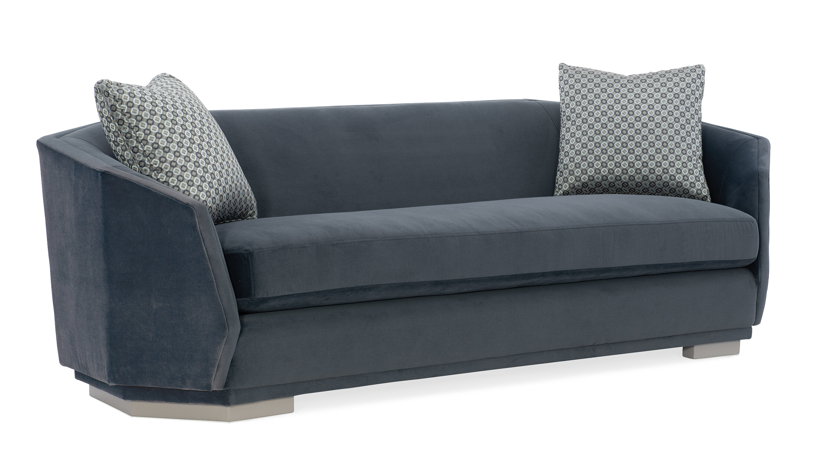 Modern Expressions 92.25" Velvet Tuxedo Arm Curved Sofa with Reversible Cushions