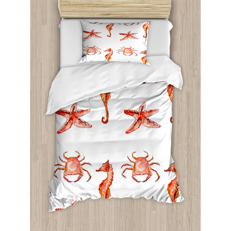 East Urban Home Nautical Crab Seahorse Starfish Hand Drawn Underwater Sea Creatures Ocean Image Duvet Cover Set Wayfair