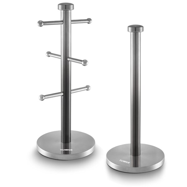 Tower Linear Silver Kitchen Roll Holder and Cup Holder Kitchen Roll Holder Silver Cup Holder Silver Mug Tree and Kitchen Roll Holder Stainless Steel 6 Cup Mug Tree and Roll Holders 