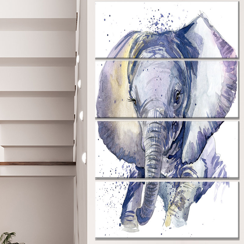 Designart Baby Elephant Blue Watercolor 4 Piece Painting Print