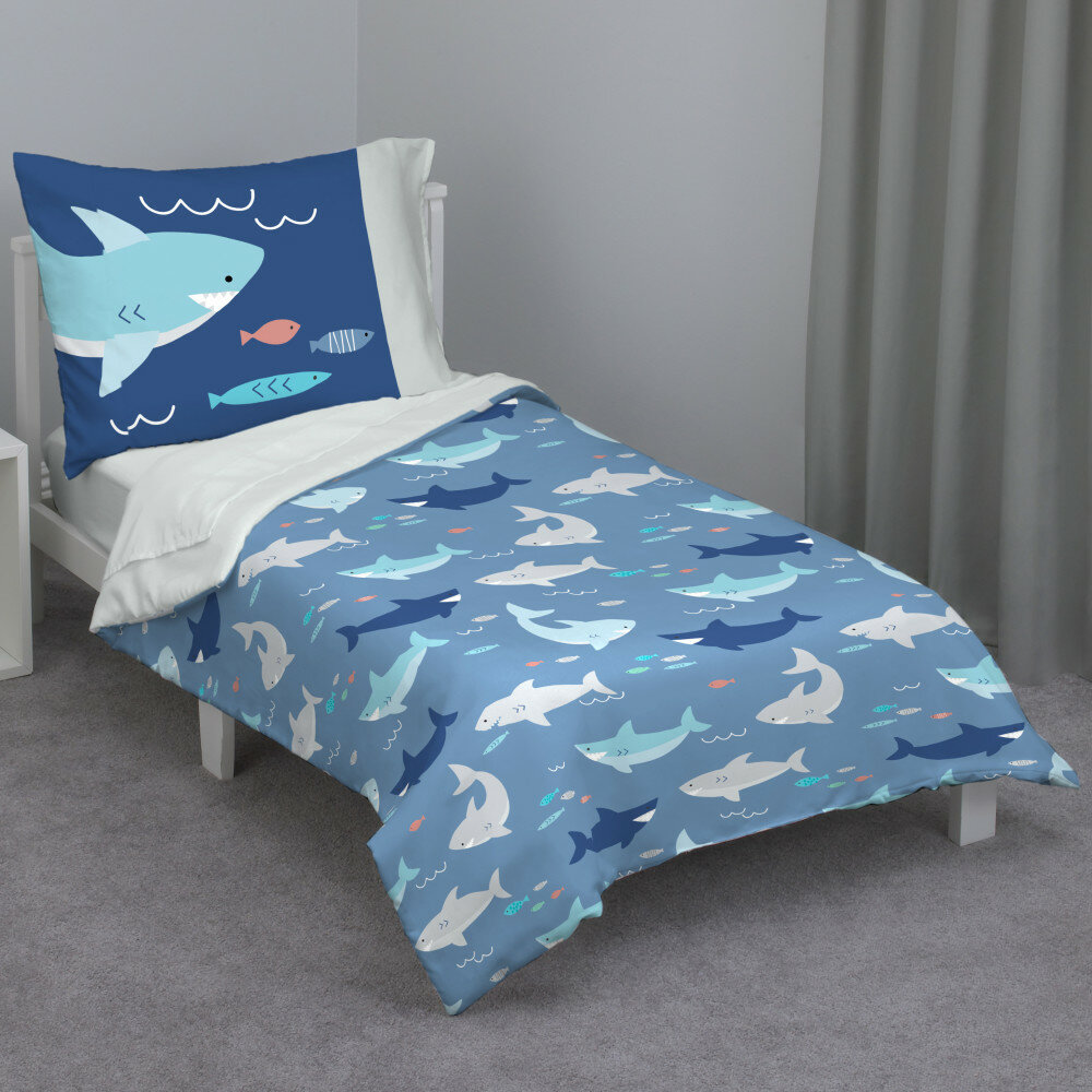 Fitted Shee Includes Quilted Comforter Baby Shark 4 Piece Toddler Bedding Set 