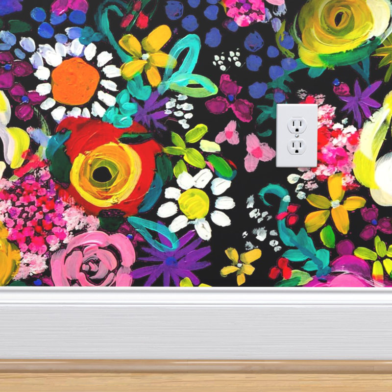 Ebern Designs Colourful Floral Peel And Stick Removable Wallpaper Colourful Floral Les Fleurs Black Bright Flower Nursery Decor Flower Floral Watercolor Modern