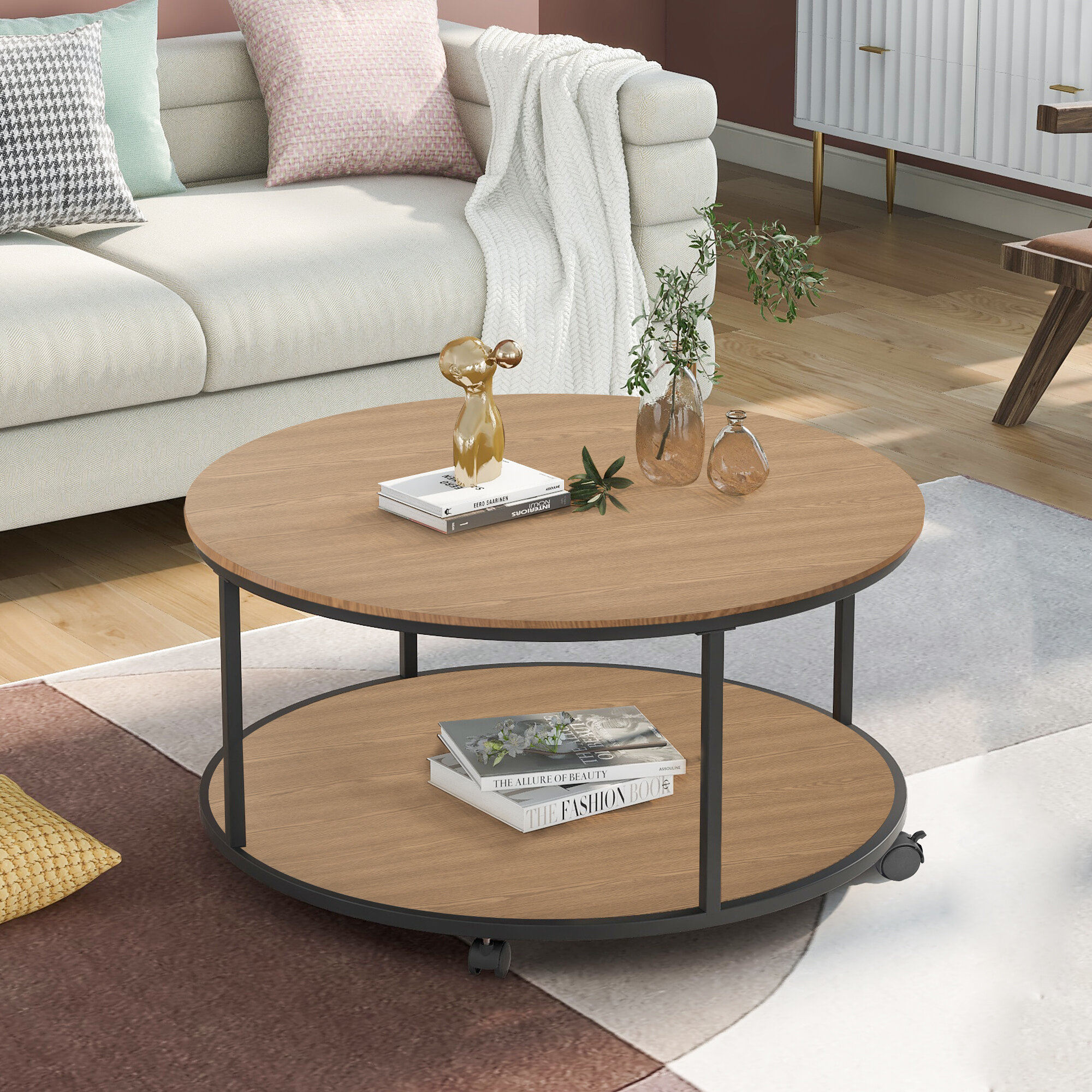 17 Stories Round Coffee Table With Caster Wheels And Wood Textured Surface For Living Room