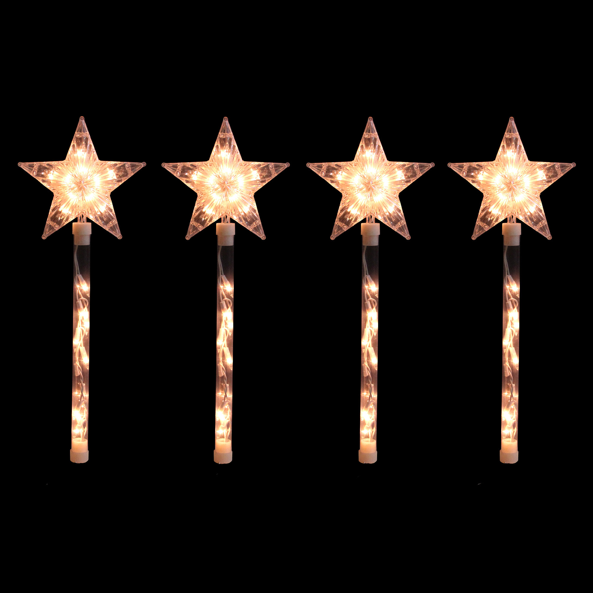 Set Of 4 Lighted Star Christmas Pathway Marker Lawn Stakes Clear Lights