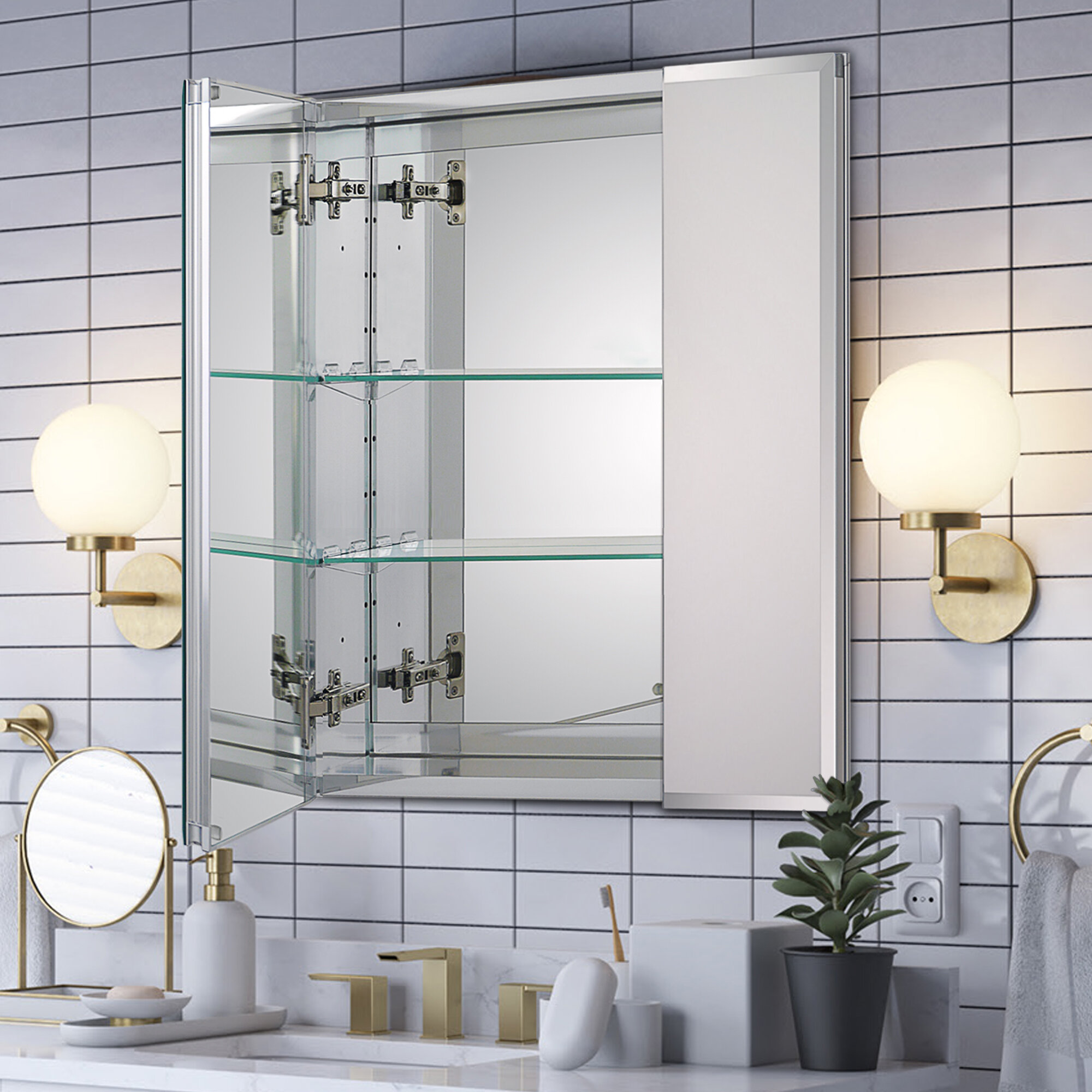 Wrought Studio Aluminum Bathroom Medicine Cabinet With Framless Double Sided Mirror Door X 24 Inch Recess Or Surface Mount 2 Doors X 24 X 5 24 Inches Silver Wayfair