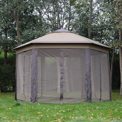Outsunny 13' x 13' Pop Up Gazebo Hexagonal Canopy with 6 Zippered Mesh Netting