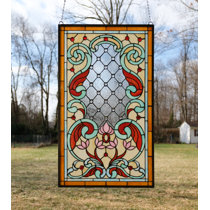 20.5"W x 34.5"H Handcrafted Jeweled stained glass window panel. 