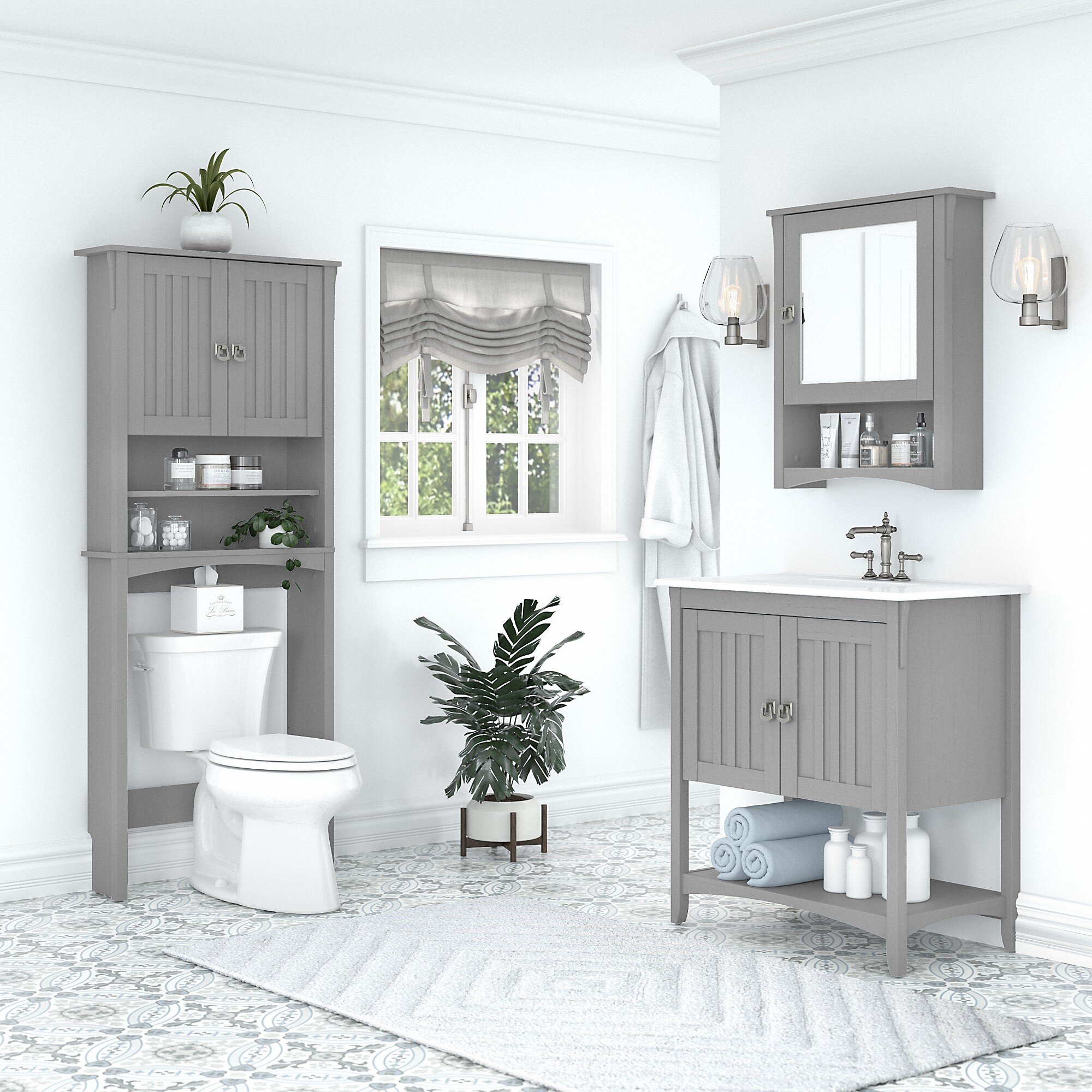Bush Furniture Salinas 32w Bathroom Vanity Sink With Mirror And Over The Toilet Storage Cabinet In Cape Cod Gray Wayfair