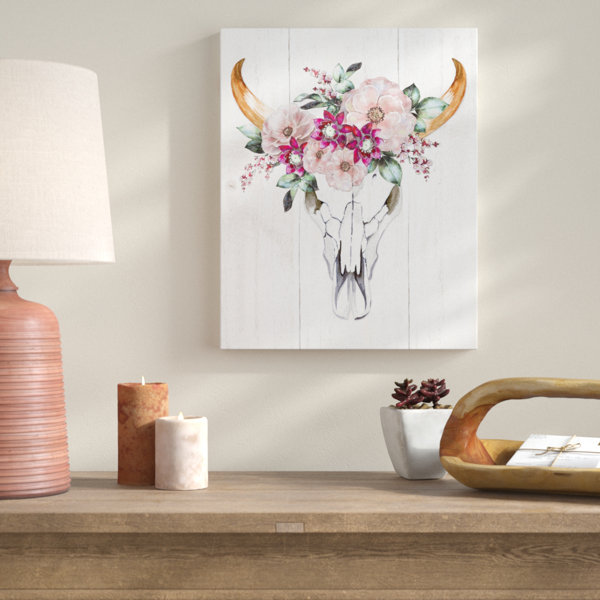 Bungalow Rose Cow Skull With Flowers Watercolor Painting Print