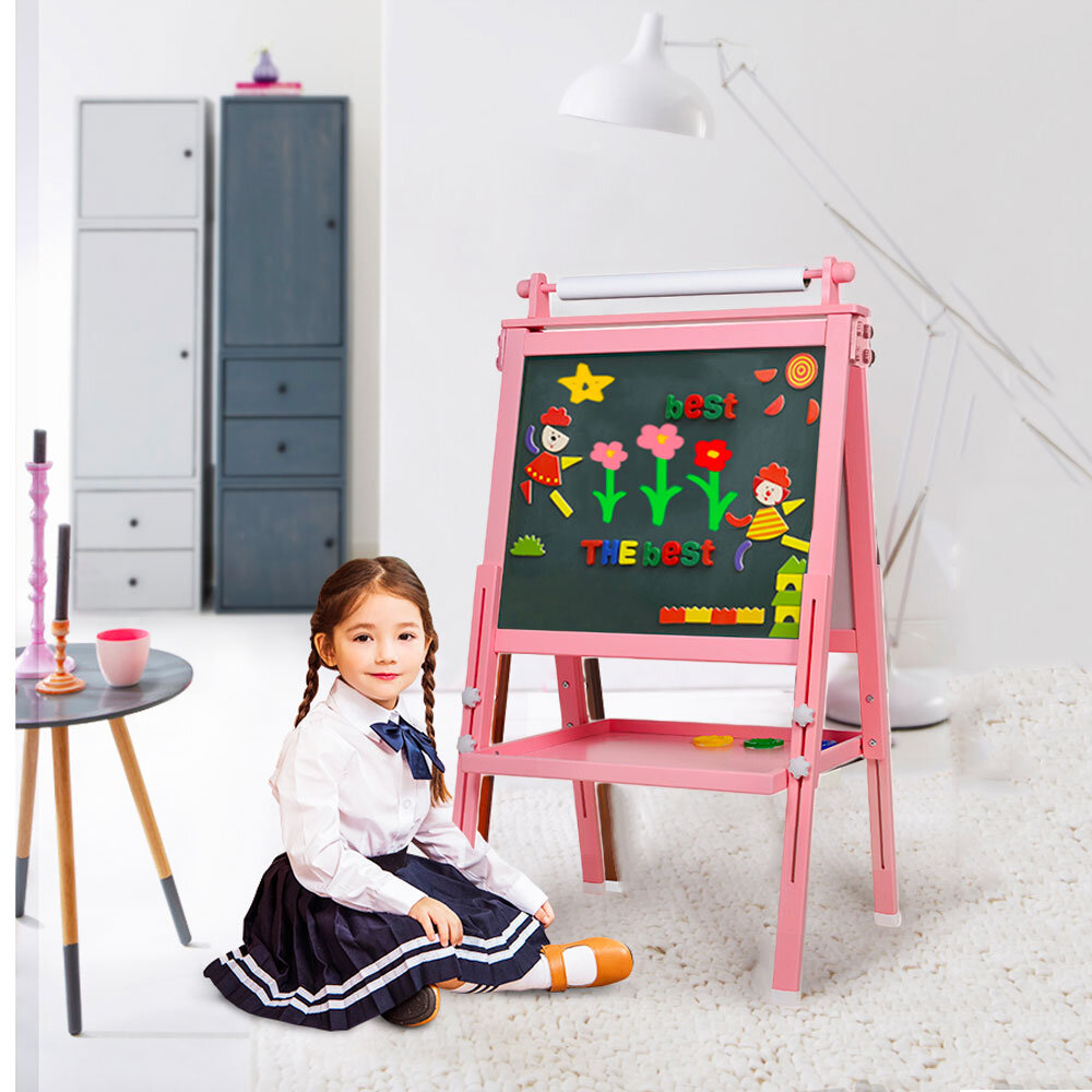3 in 1 Kids Easel Double-Sided Whiteboard & Chalkboard Drawing Board with Drawing Axis & Paper Roll Numbers Easel for Kids Paint Cups for Toddlers and Kids Green