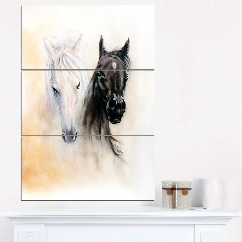 Designart Black And White Horse Heads 3 Piece Painting Print On