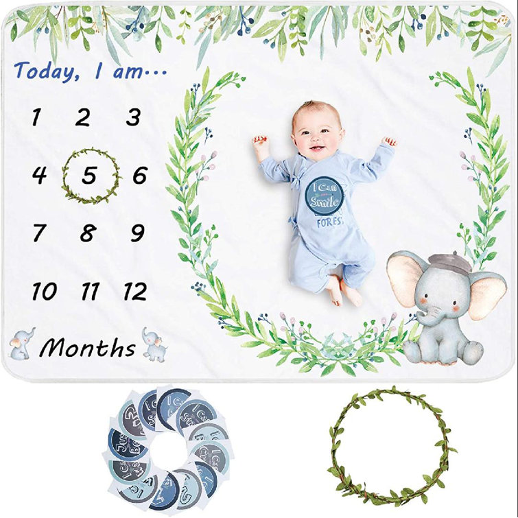 Fagonghonesty Baby Monthly Milestone Blanket For Boy Gift For Baby Shower Elephant Photo Blanket For Boy Girl Wreath 12 Stickers Included 51 X40 Soft Flannel Blanket Wayfair