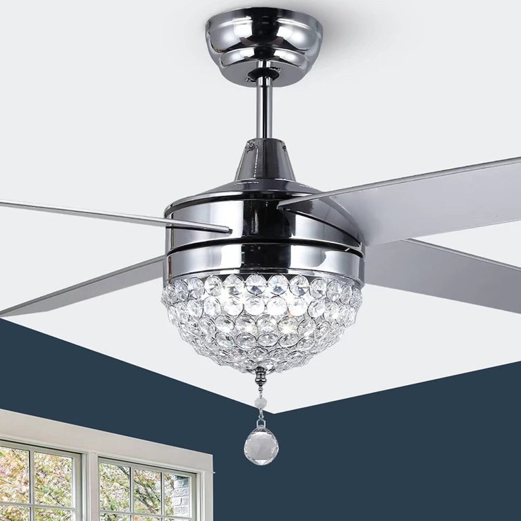 44" Crystal Ceiling Fan Light LED Pendant Lamp Remote Control Stainless Steel 