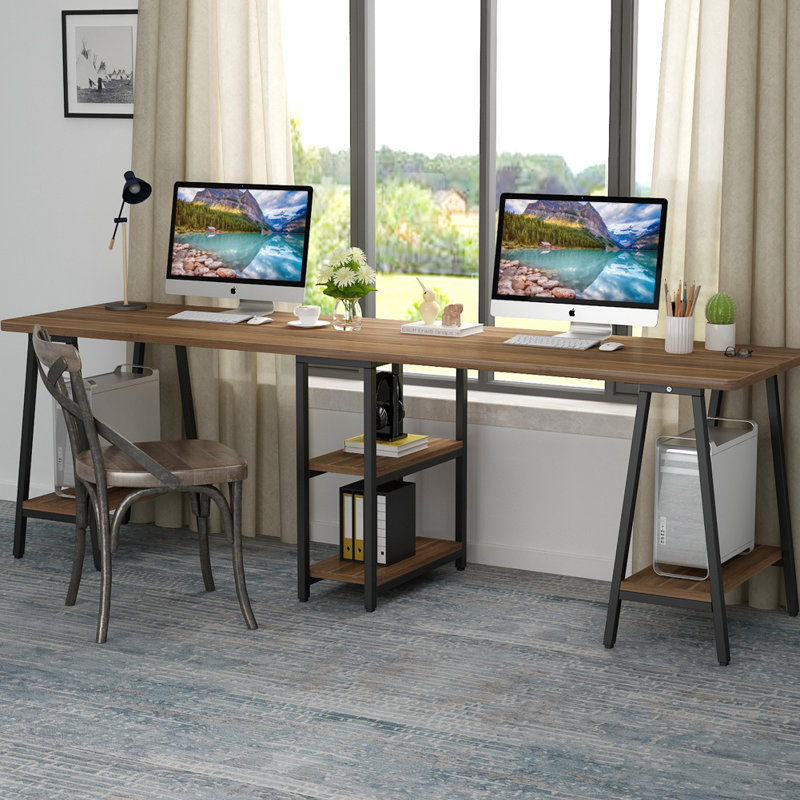 Inbox Zero Dark Walnut 94 5 Inches Extra Long Two Person Computer Desk With Storage Shelf Double Workstation Executive Office Desk For Home Office Wayfair Ca