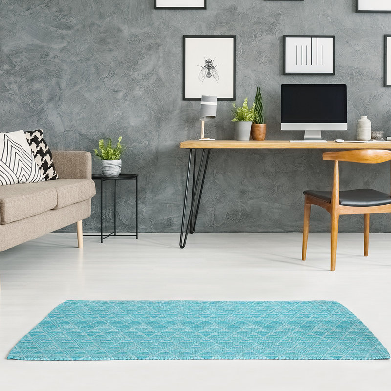 East Urban Home Hand Drawn Triangles Dark Teal Light Teal Area Rug