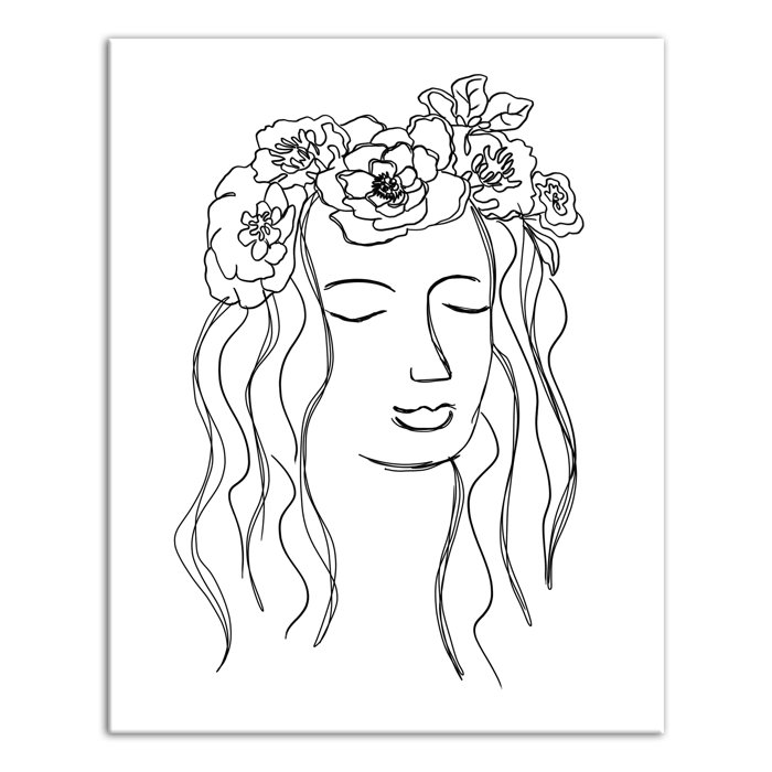 Woman With Floral Crown Sketch Drawing Print On Wrapped Canvas