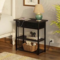 Black Wood End Side Table w/2 Drawers & Storage Shelf Cabinet for Living Room 