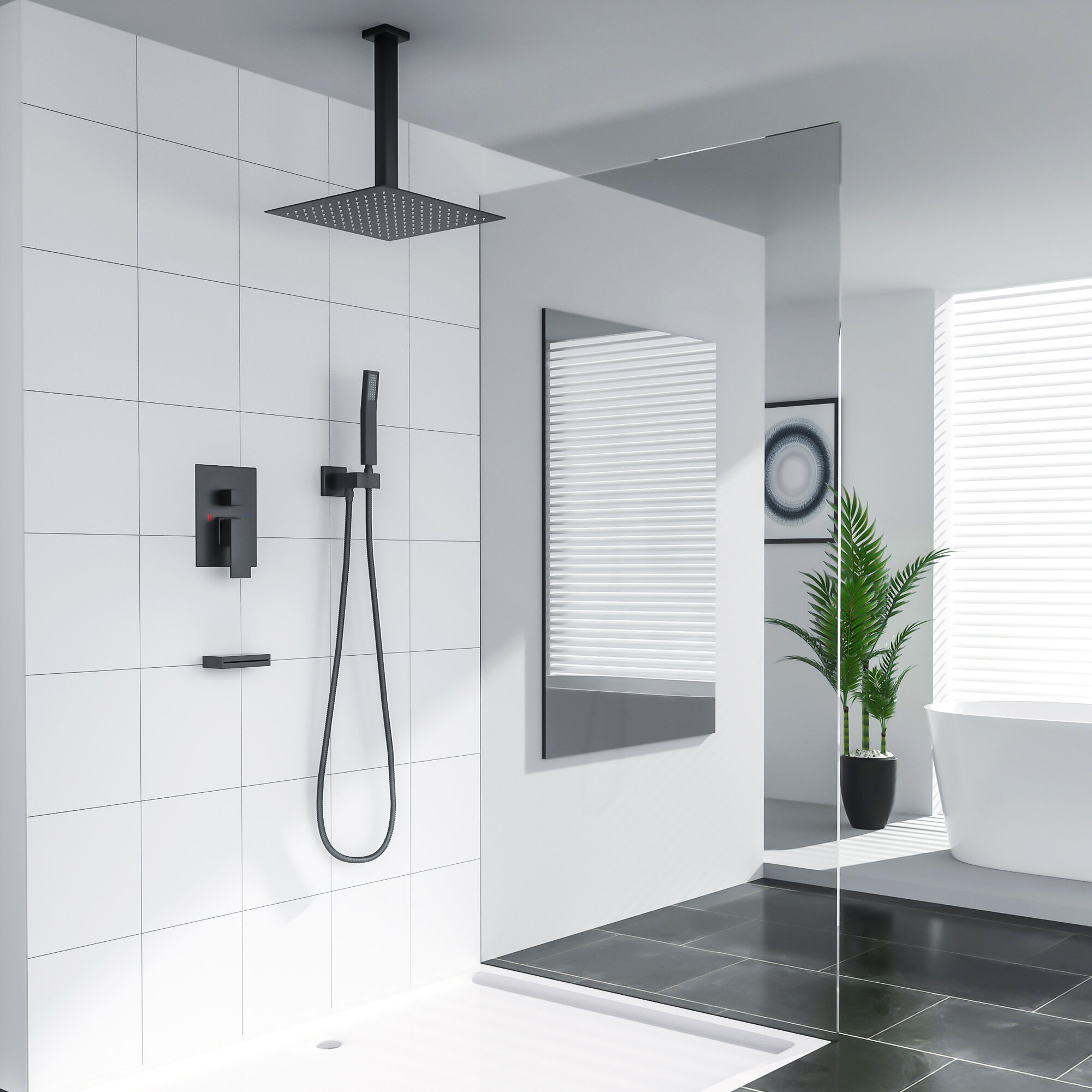 Shower System - Waterfall Tub Spout Shower Faucet Set With 12 Inch Rain  Shower Head Ceiling Mounted Shower Set Black With Contain Rough-In Valve  Body 