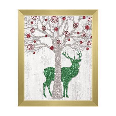 'Glamour Red Tree & Green Reindeer ' Framed Graphic Art Click Wall Art Size: 26.5" H x 22.5" W, Format: Gold Framed