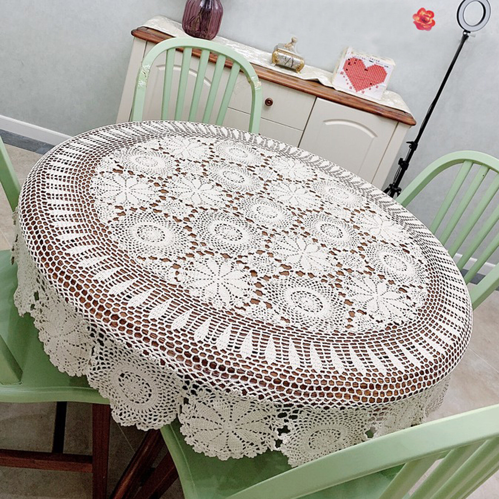 Vintage white cotton crochet lace table cloth