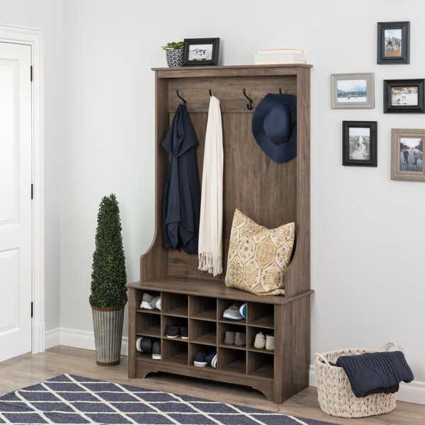 Entry Bench With Hooks Wayfair Coming from garage into the house, we have a small laundry room + hallway with a wall in between, and we decided to combined the two into a mudroom / laundry room with storage cabinets and counter space. entry bench with hooks