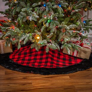 ONGLYP 48 Buffalo Check Plaid Christmas Tree Skirt with 3D Sherpa Moose Applique Embroidery Tree Skirt Ornament