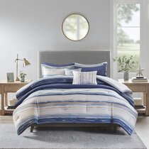 New Blue Water Colors Stripes 8 pcs Cal King Queen Comforter & Coverlet Set 