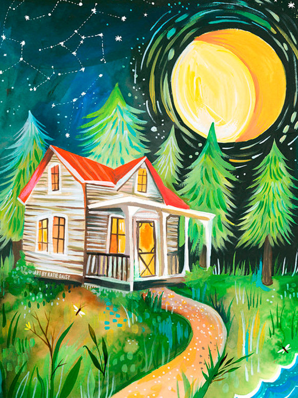 Wheatpaste Night Cabin By Katie Daisy Print Of Painting On