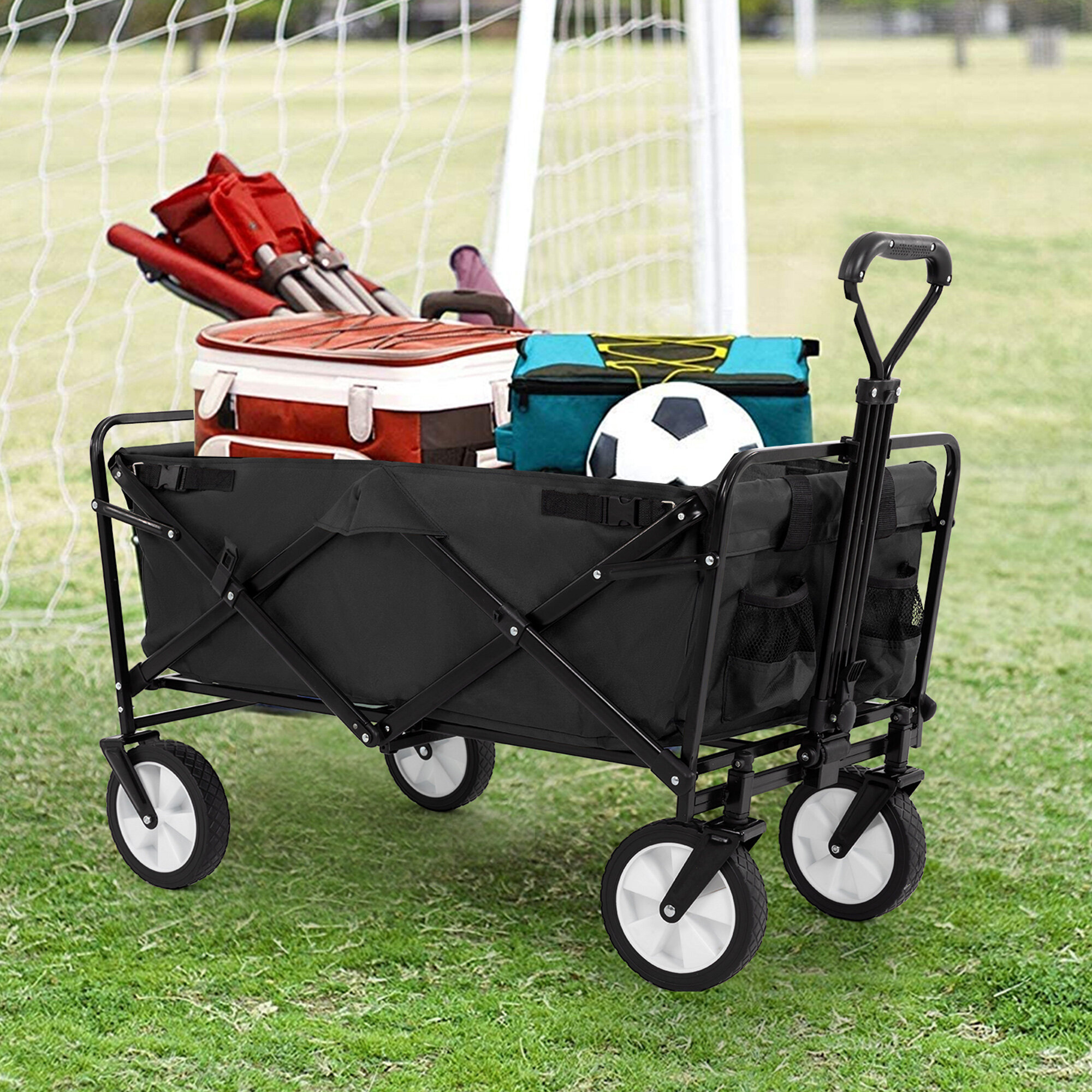 GOJOOASIS Collapsible Beach Wagon Folding Cart with Wide Wheels for Shopping Black and Green Camping Sports 