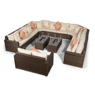 Villasenor Brown Rattan 10 Seat Sofa With 2 X Rectangle Ice Bucket Coffee Table & 2 Seat Sofa, Outdoor Patio Garden Furniture By Sol 72 Outdoor