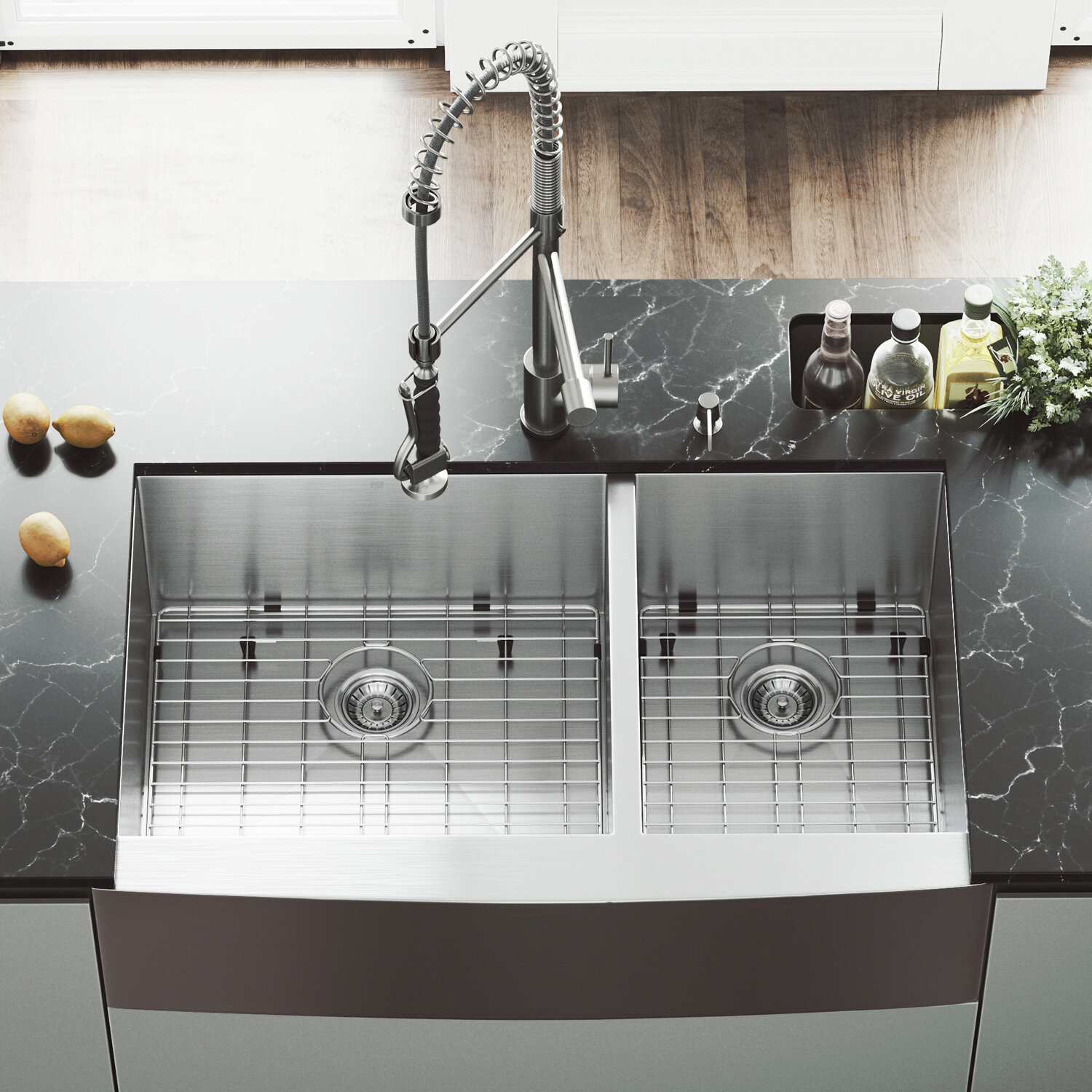36 L X 22 W Double Basin Farmhouse Kitchen Sink With Zurich Faucet Two Grids Two Strainers And Soap Dispenser