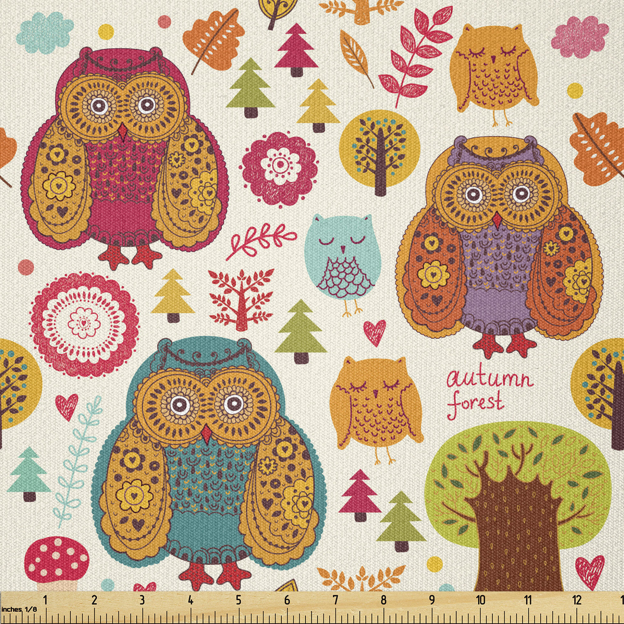East Urban Home Ambesonne Fall Fabric By The Yard, Vintage Ornate Large  Eyed Nocturnal Animal Owls On The Background Print | Wayfair