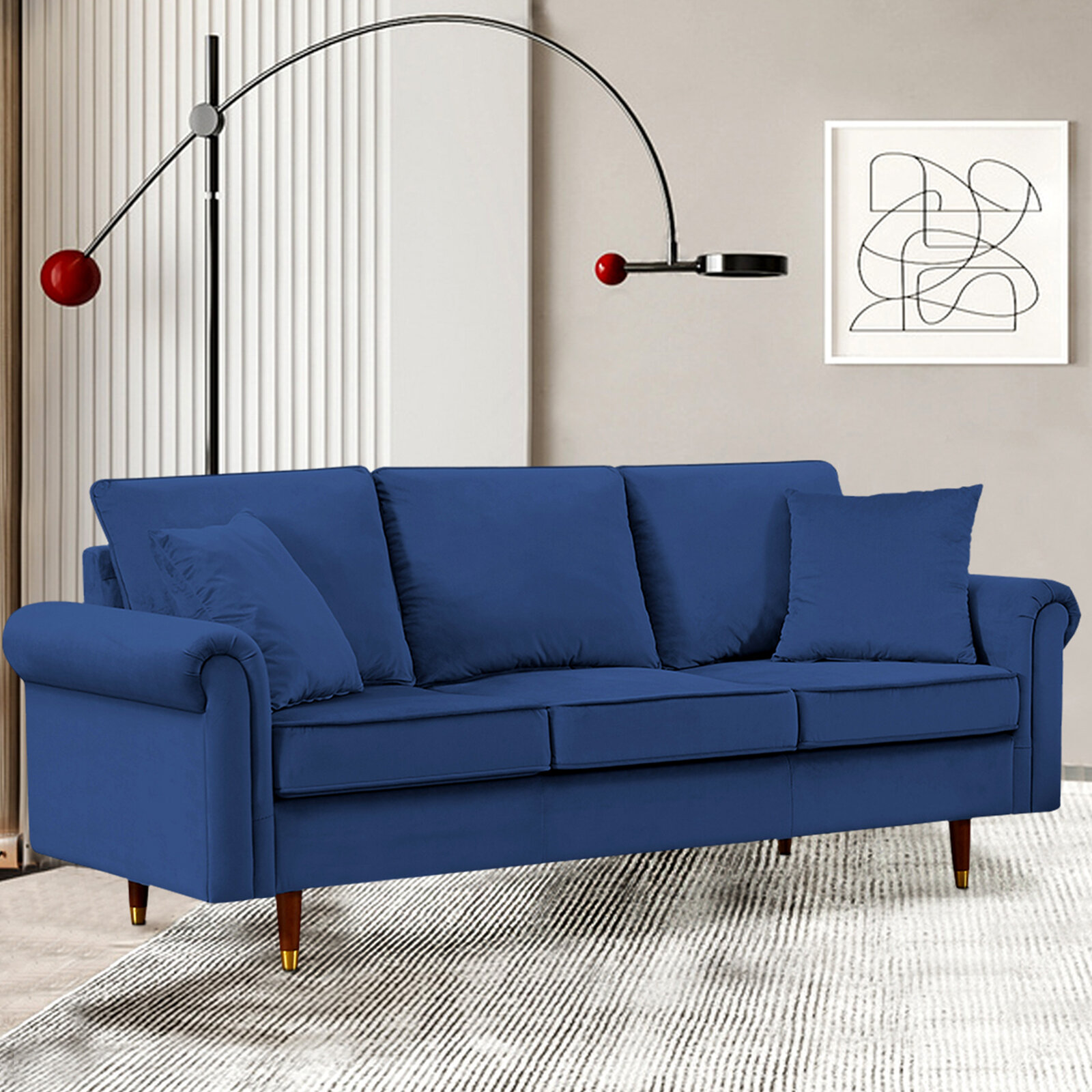 Dark Blue Couch with Bolster Pillows Modern Living Room Fabric Sofa