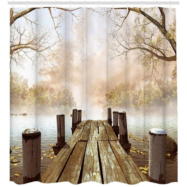 Brown Beige Rustic Cloth Shower Curtain Nature Fabric Waterproof Shower Curtain with Hooks Fall Foggy Trees Wooden Bridge Lake River Country Bathroom Curtains 