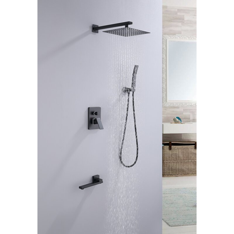 Modland Wall Mounted Square Rainfall Shower System With Rough In Valve And Tub Spout Matte Black