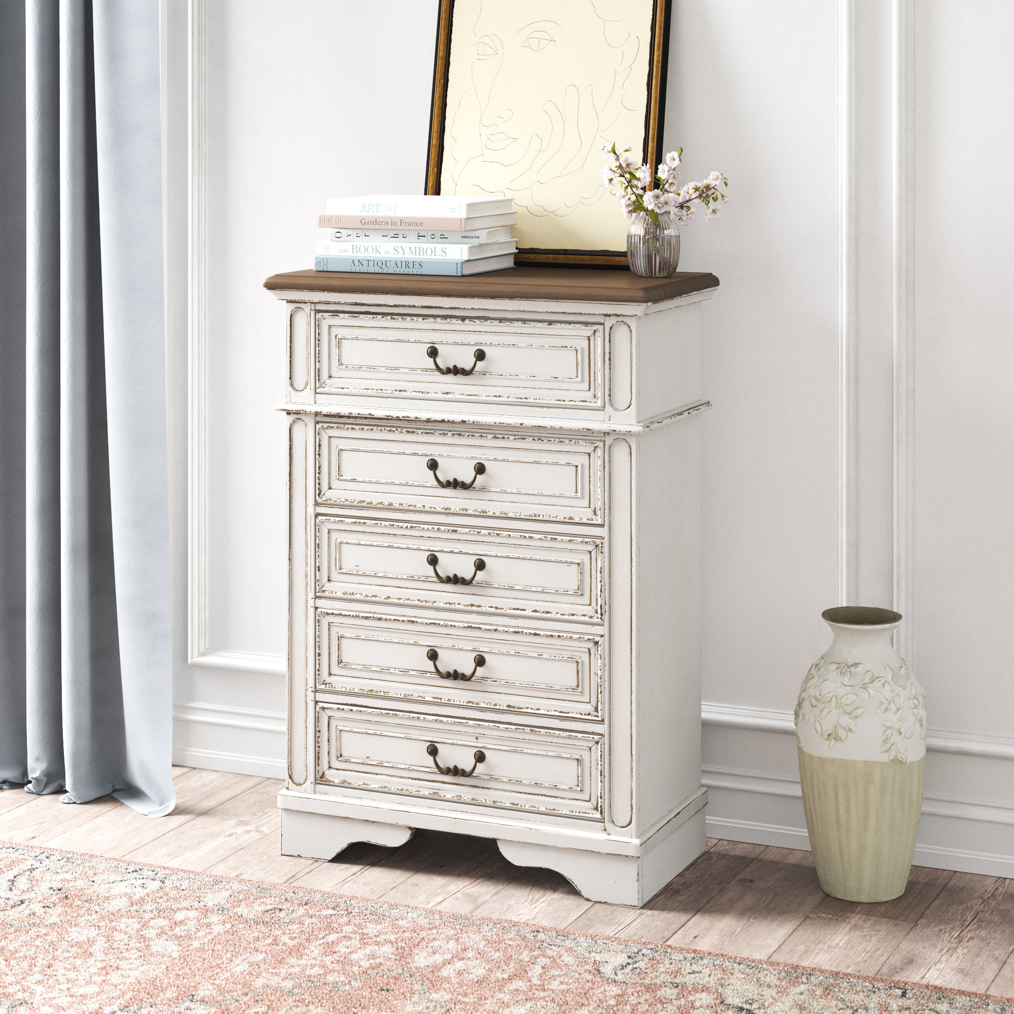 5 Drawer Dresser White Chest of Drawers Bedroom Nightstand Wood Frame Antique 